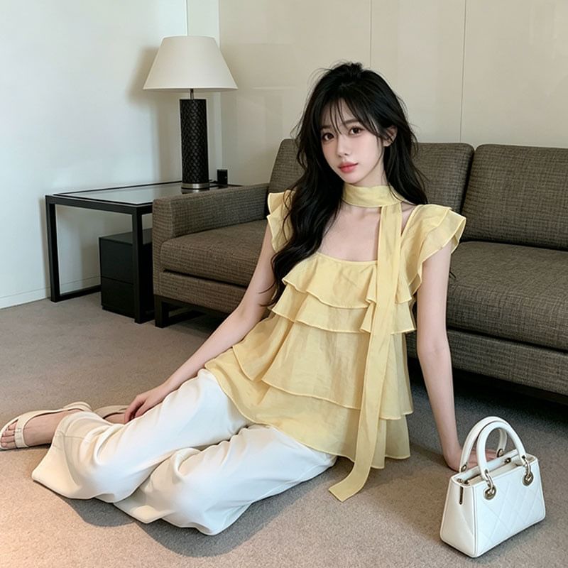 Square Neck Ruffle Trim Short-Sleeve Blouse