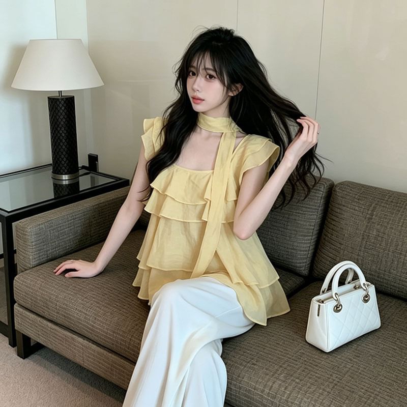 Square Neck Ruffle Trim Short-Sleeve Blouse