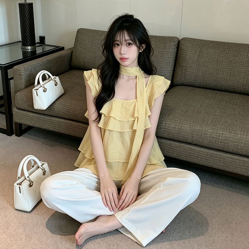 Square Neck Ruffle Trim Short-Sleeve Blouse