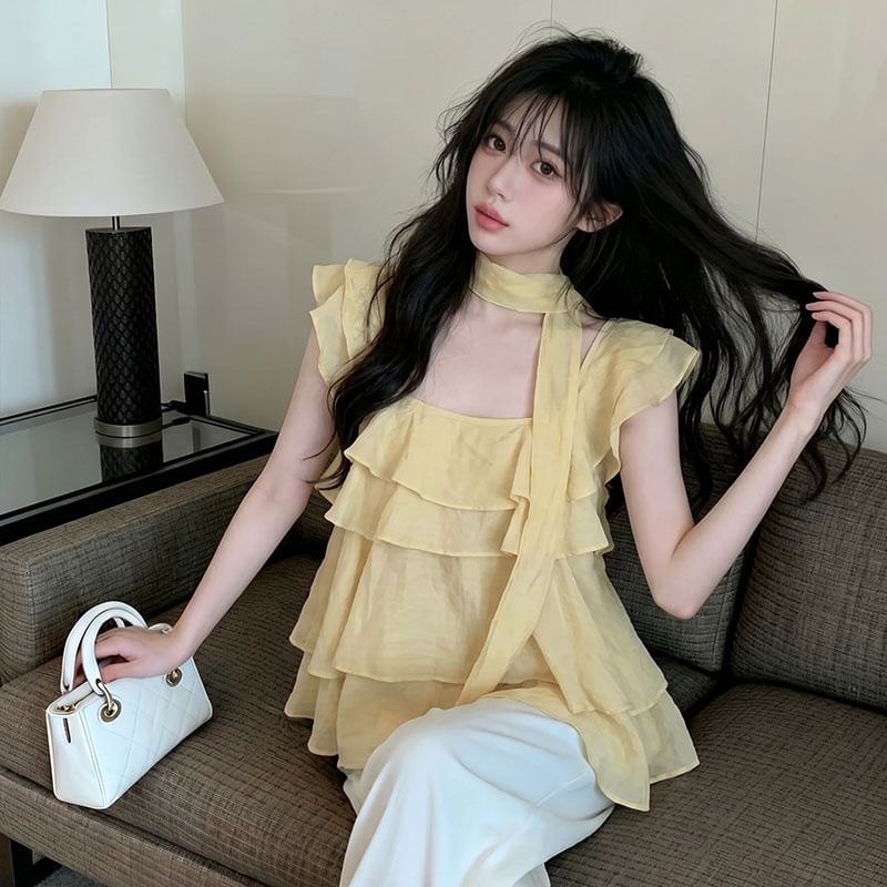Square Neck Ruffle Trim Short-Sleeve Blouse