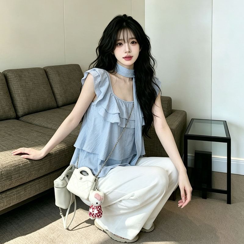 Square Neck Ruffle Trim Short-Sleeve Blouse