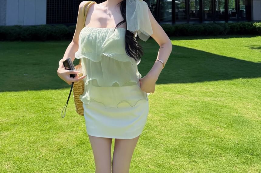 Plain Ruffle Tiered Mesh Tube Top / High Waist Plain Mini Pencil Skirt