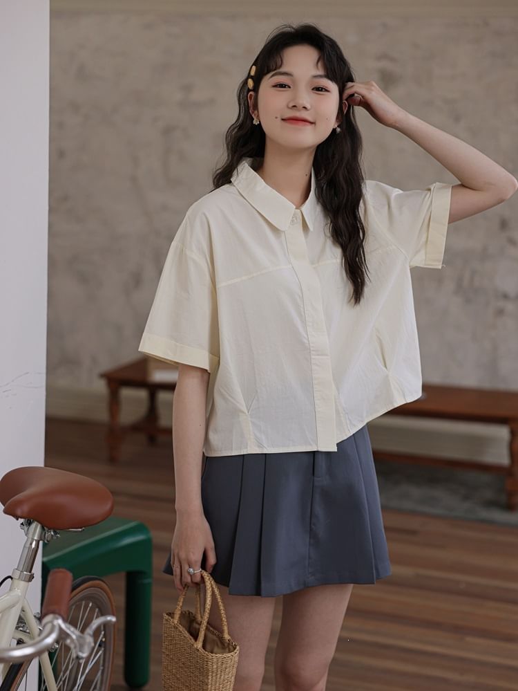 Collared Plain Button Up Short-Sleeve Crop Shirt