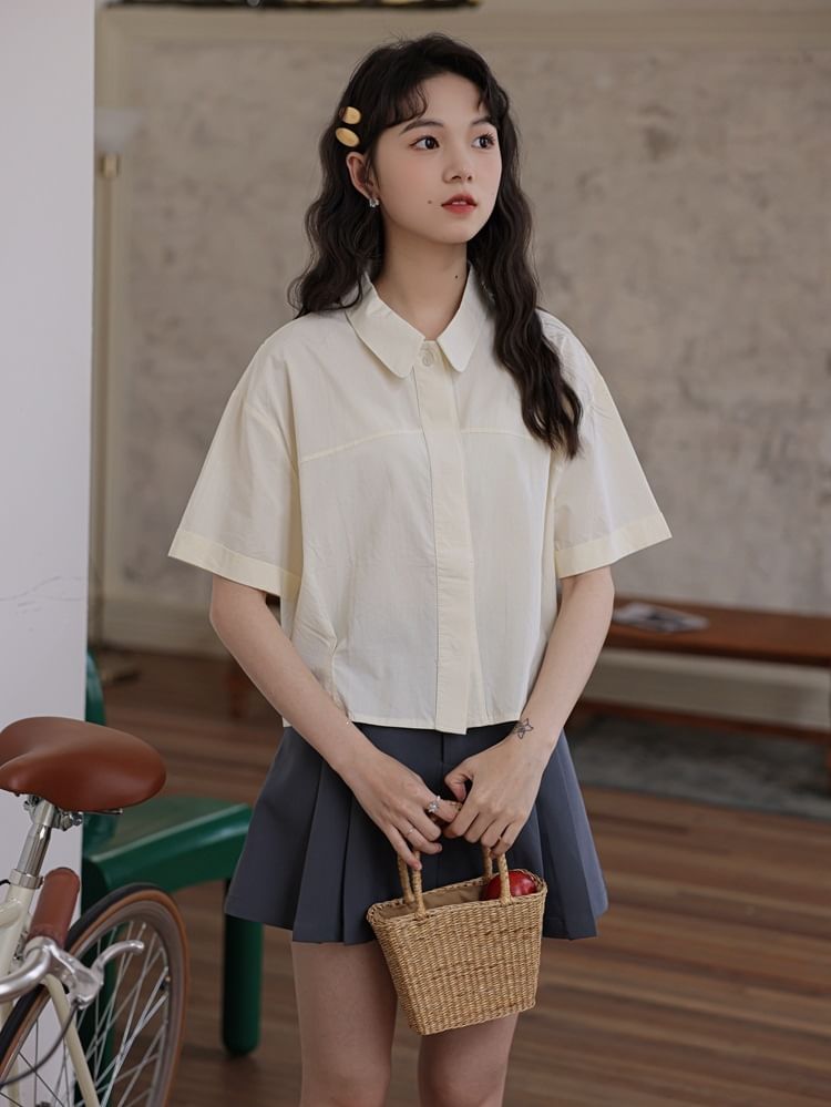 Collared Plain Button Up Short-Sleeve Crop Shirt
