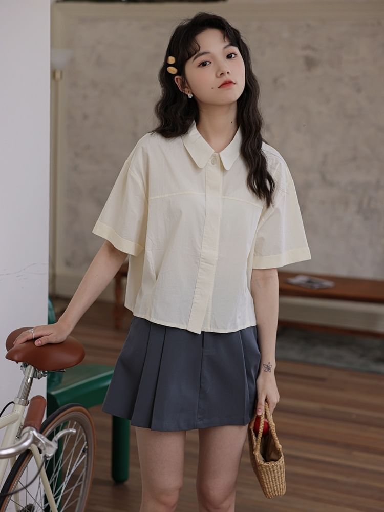 Collared Plain Button Up Short-Sleeve Crop Shirt