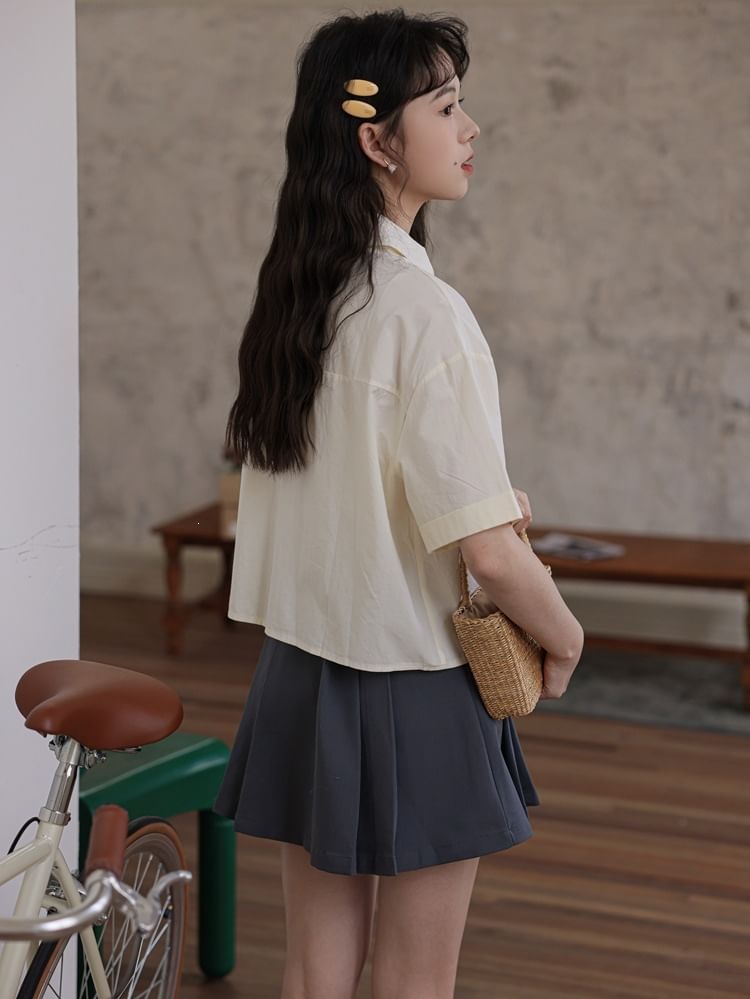Collared Plain Button Up Short-Sleeve Crop Shirt