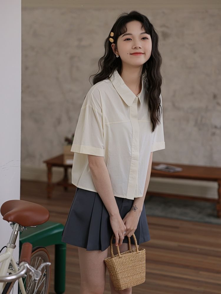 Collared Plain Button Up Short-Sleeve Crop Shirt