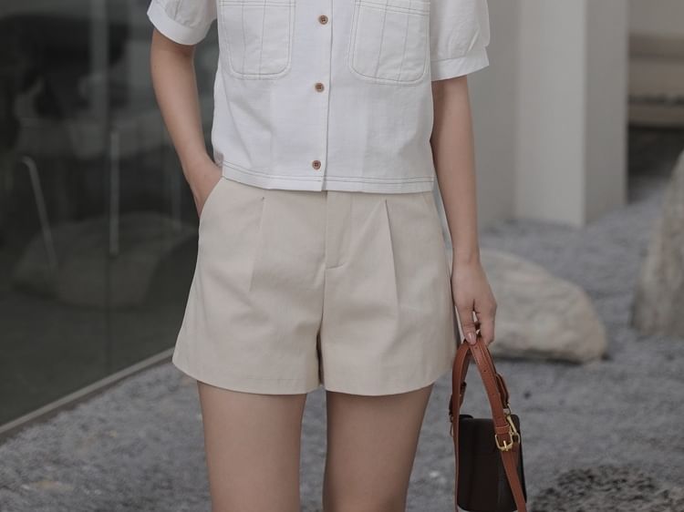 Square Neck Button Up Short-Sleeve Blouse