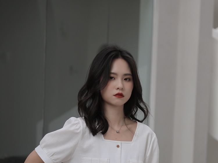 Square Neck Button Up Short-Sleeve Blouse