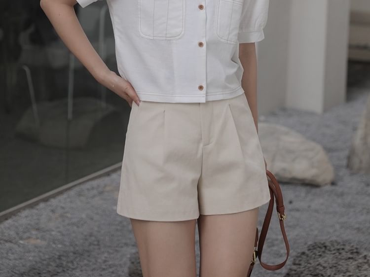 Square Neck Button Up Short-Sleeve Blouse