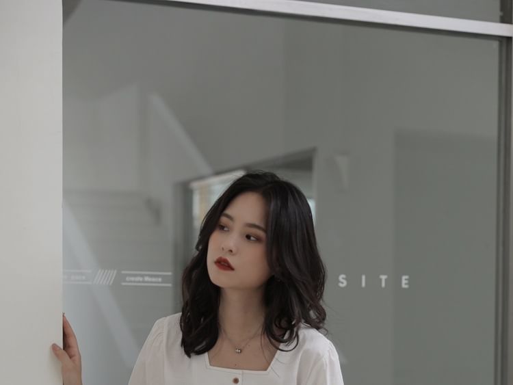 Square Neck Button Up Short-Sleeve Blouse