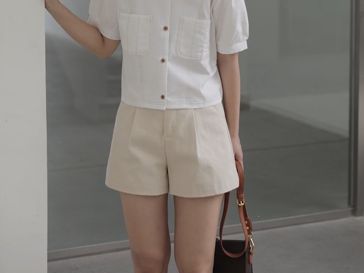 Square Neck Button Up Short-Sleeve Blouse