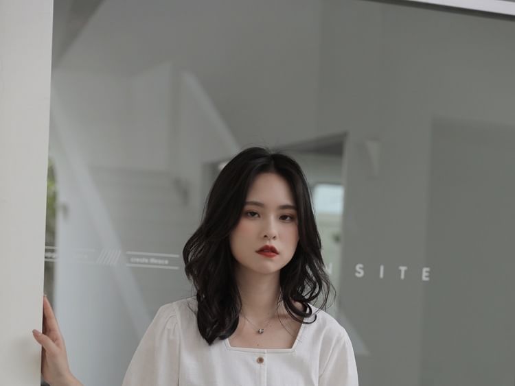 Square Neck Button Up Short-Sleeve Blouse