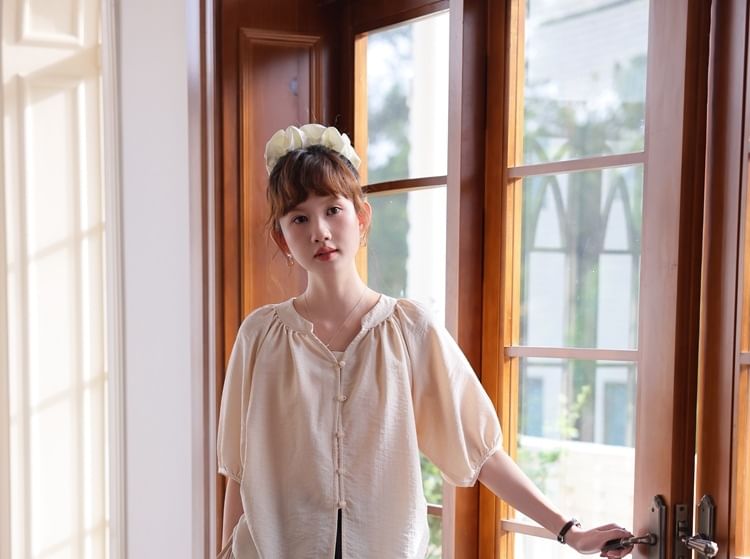 Notch Neck Elbow-Sleeve Button Blouse