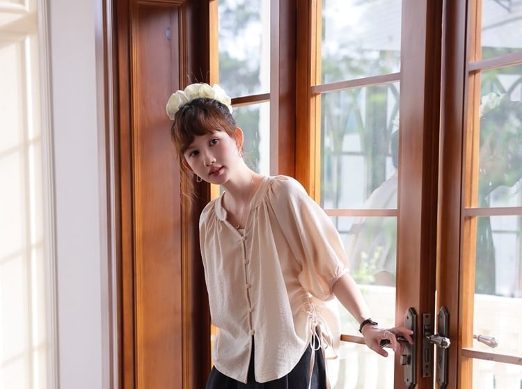 Notch Neck Elbow-Sleeve Button Blouse