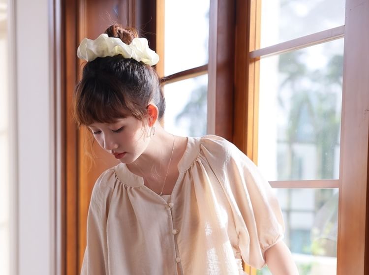 Notch Neck Elbow-Sleeve Button Blouse