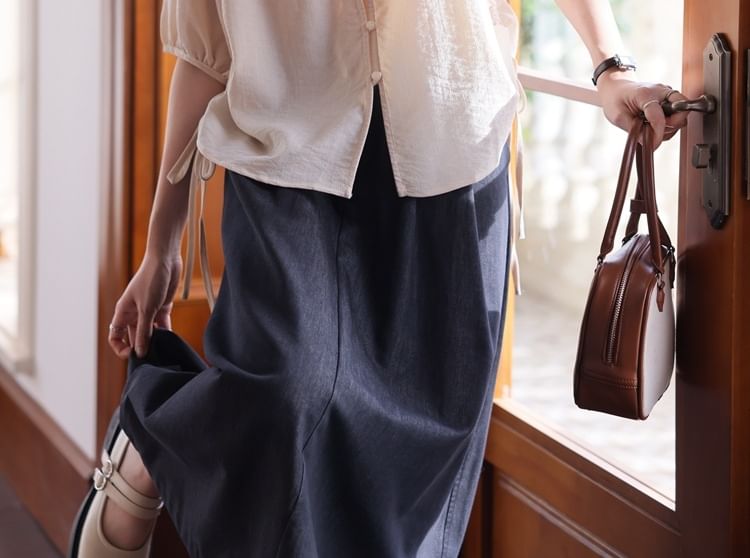 Notch Neck Elbow-Sleeve Button Blouse