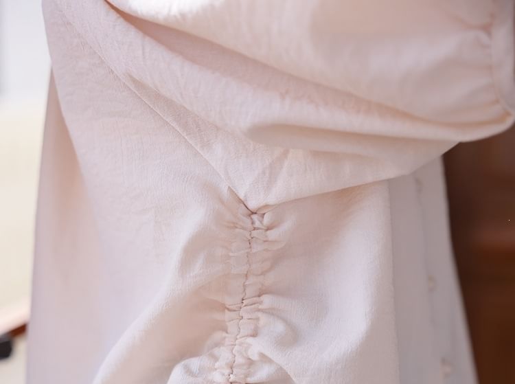 Notch Neck Elbow-Sleeve Button Blouse