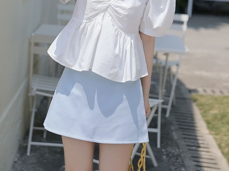 V-Neck Ruched Short-Sleeve Blouse