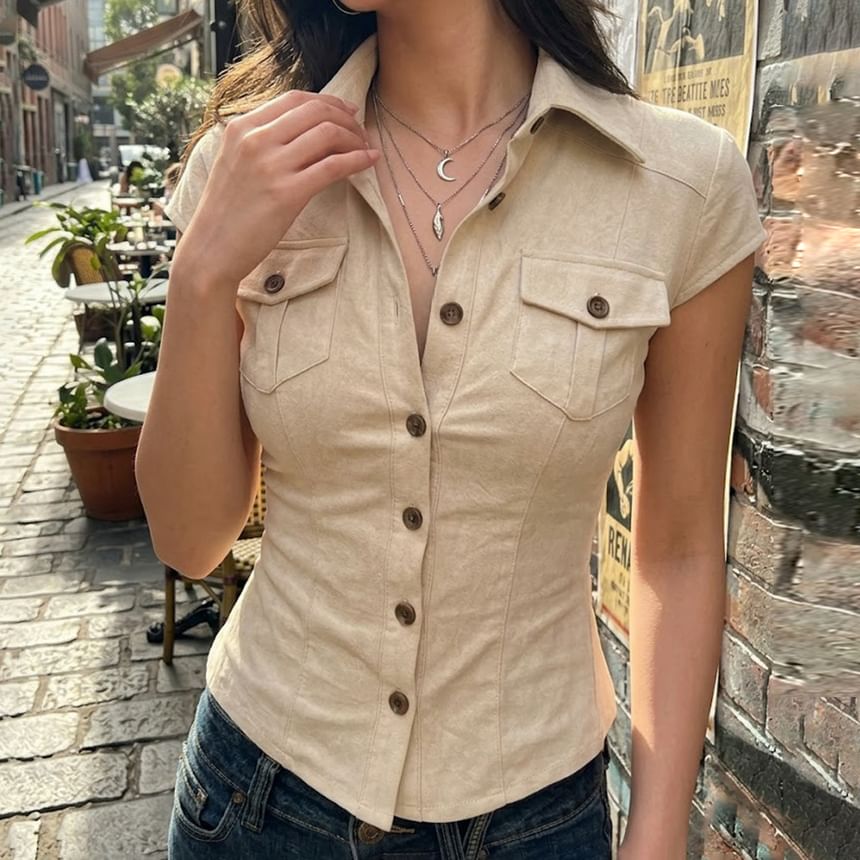 Cap Sleeve Collared Plain Button Up Shirt