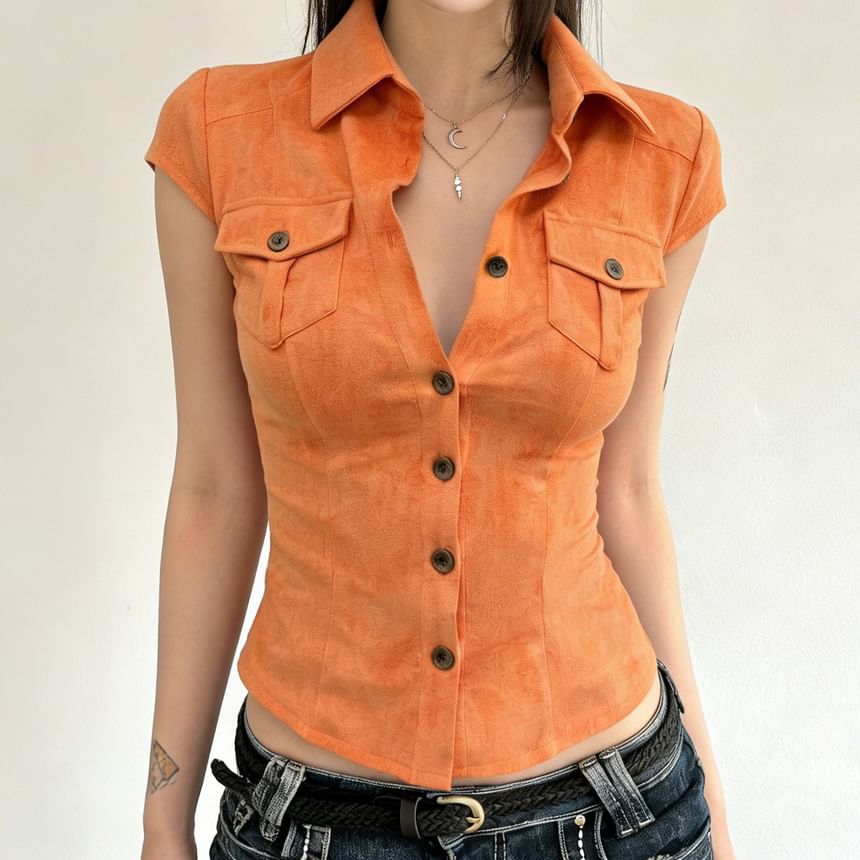 Cap Sleeve Collared Plain Button Up Shirt