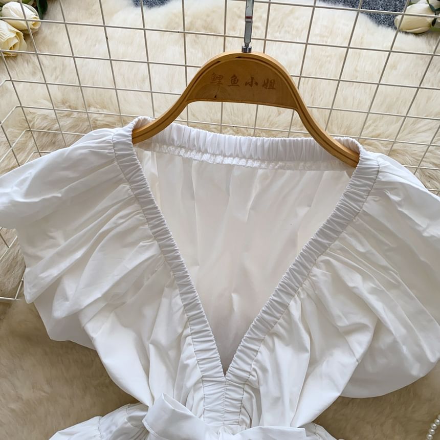 Ruched Tie Waist V-Neck Cap Sleeve Crop Blouse