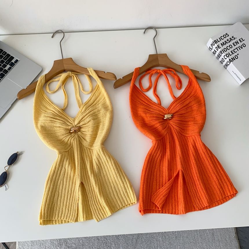 Open Back Slit Halter V-Neck Knit Top