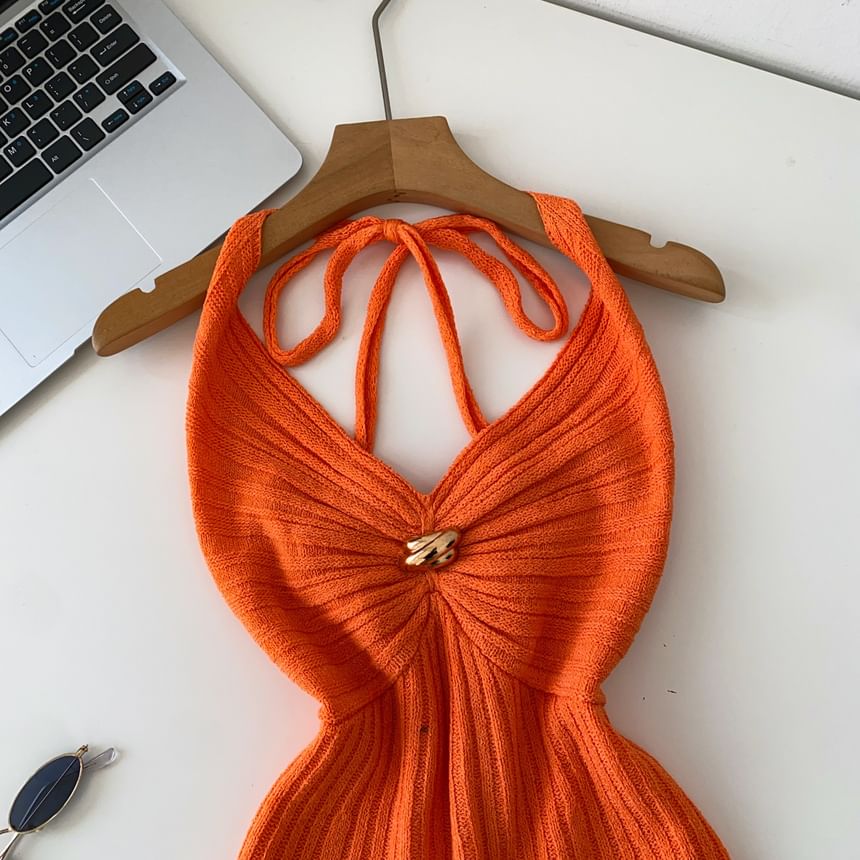 Open Back Slit Halter V-Neck Knit Top