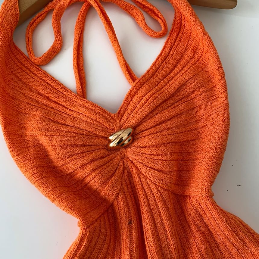 Open Back Slit Halter V-Neck Knit Top