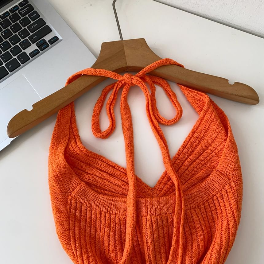 Open Back Slit Halter V-Neck Knit Top