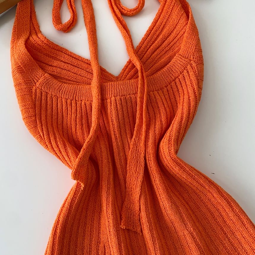 Open Back Slit Halter V-Neck Knit Top