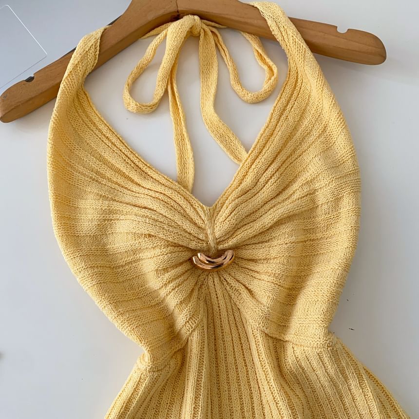 Open Back Slit Halter V-Neck Knit Top