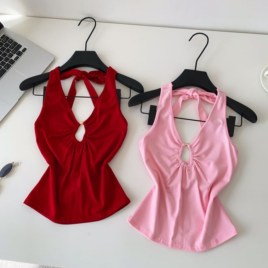 Cutout Open Back Halter V-Neck Plain Crop Top