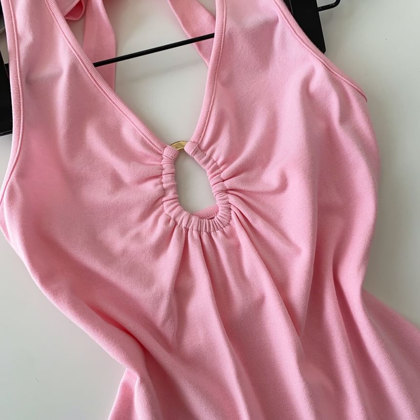 Cutout Open Back Halter V-Neck Plain Crop Top