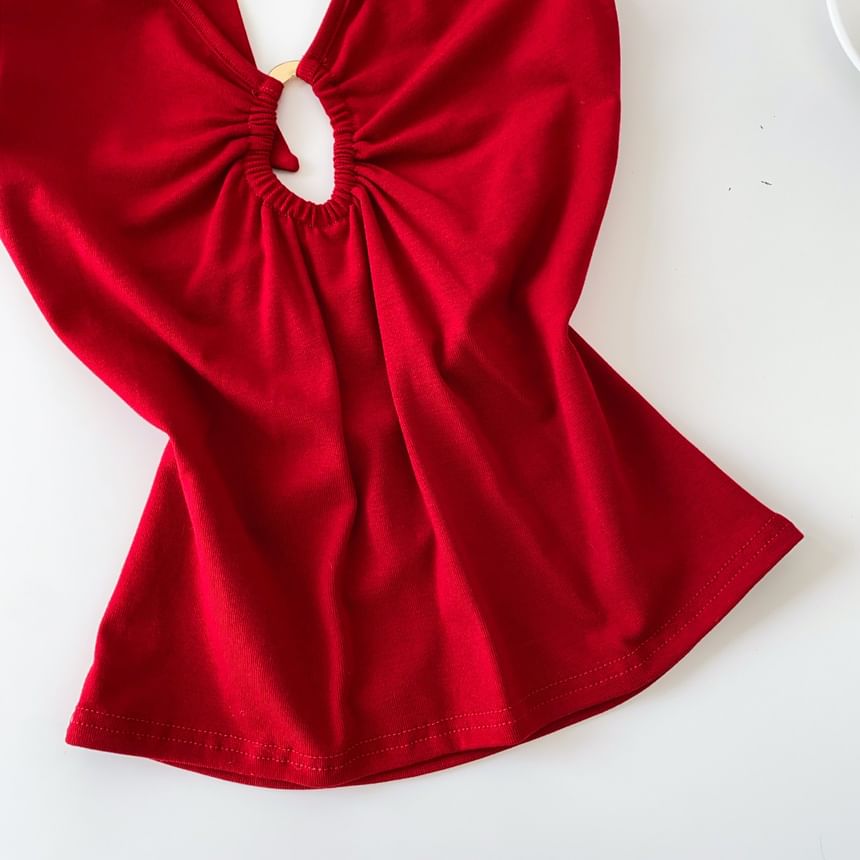Cutout Open Back Halter V-Neck Plain Crop Top