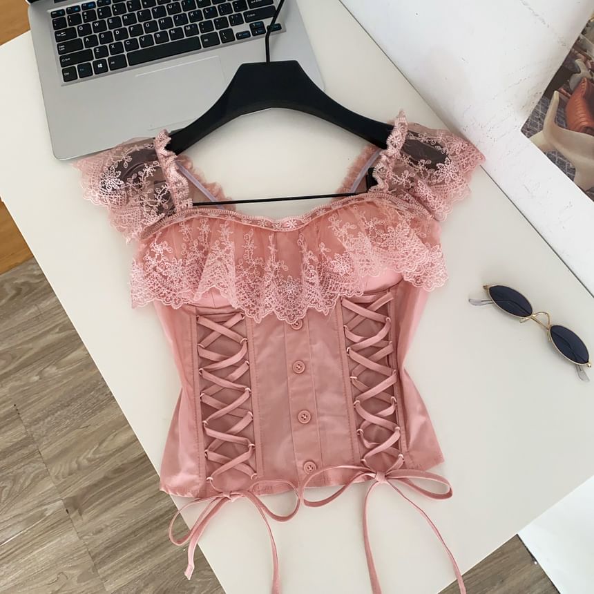 Lace Panel Padded Square Neck Lace-Up Crop Tank