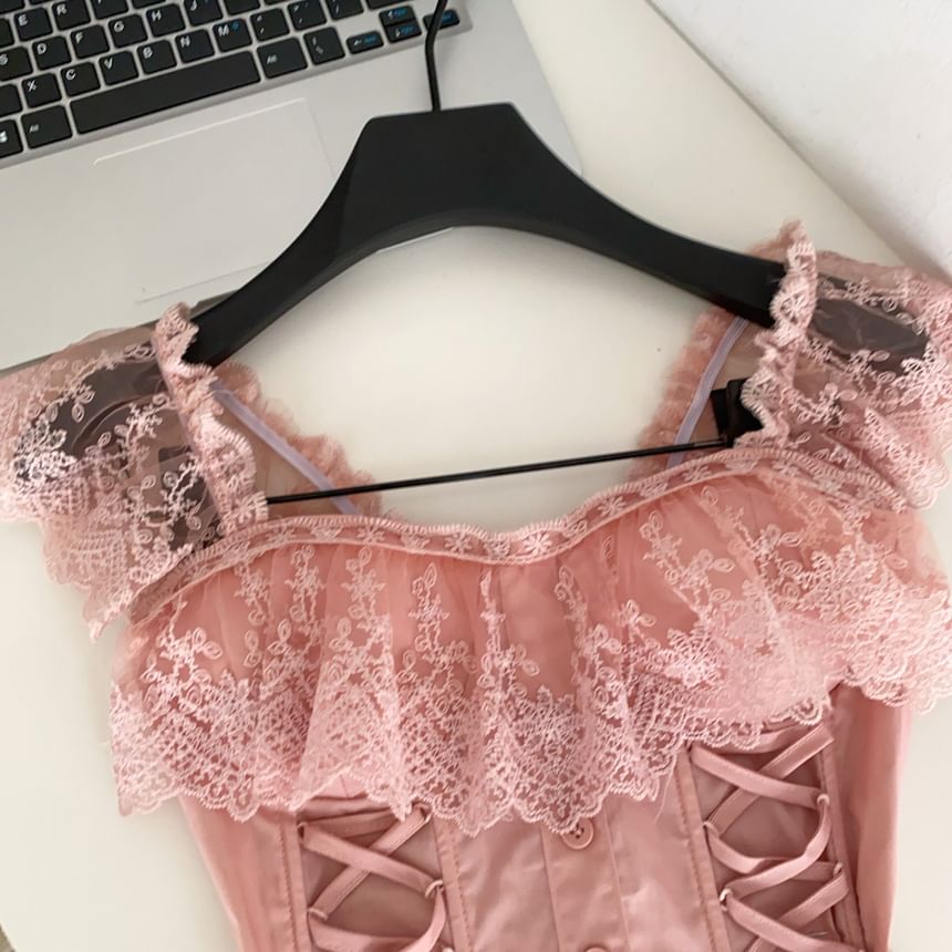 Lace Panel Padded Square Neck Lace-Up Crop Tank