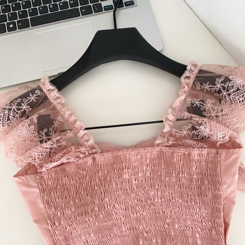 Lace Panel Padded Square Neck Lace-Up Crop Tank