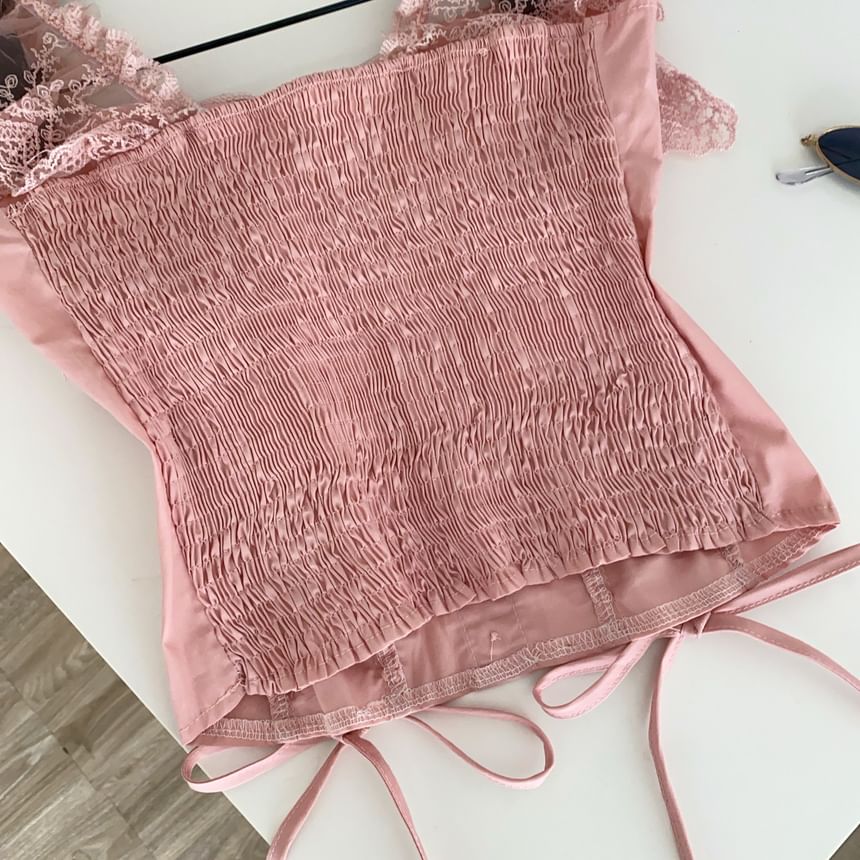 Lace Panel Padded Square Neck Lace-Up Crop Tank