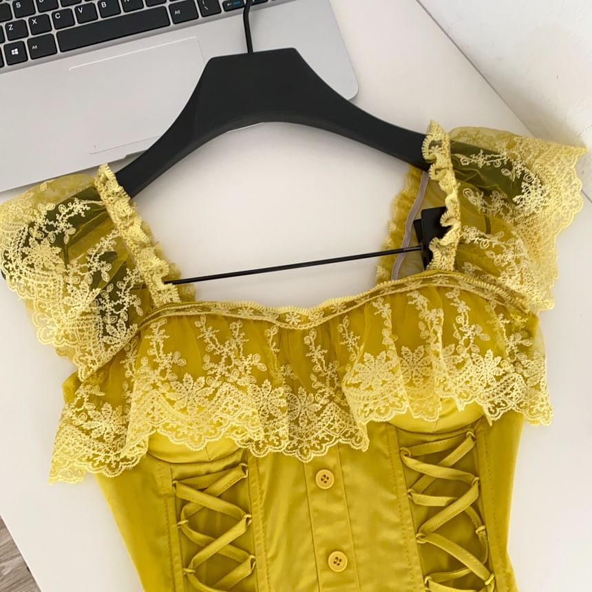 Lace Panel Padded Square Neck Lace-Up Crop Tank