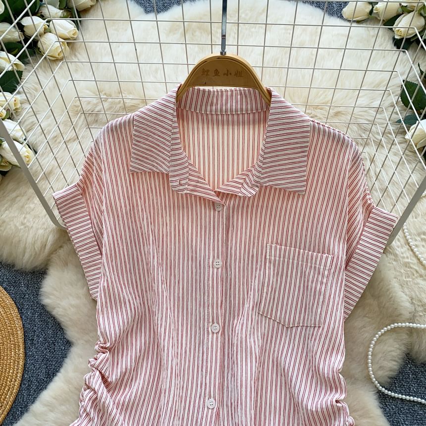 Striped Drawstring Collared Short Sleeve Button-Up Blouse