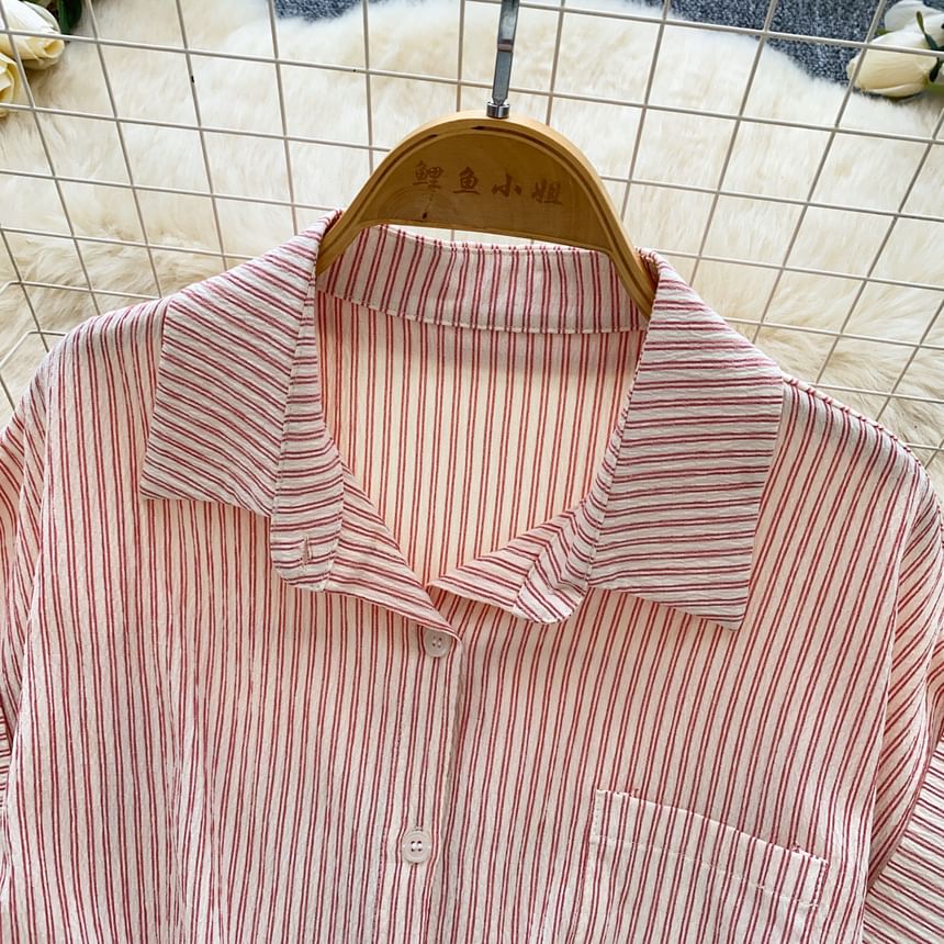 Striped Drawstring Collared Short Sleeve Button-Up Blouse