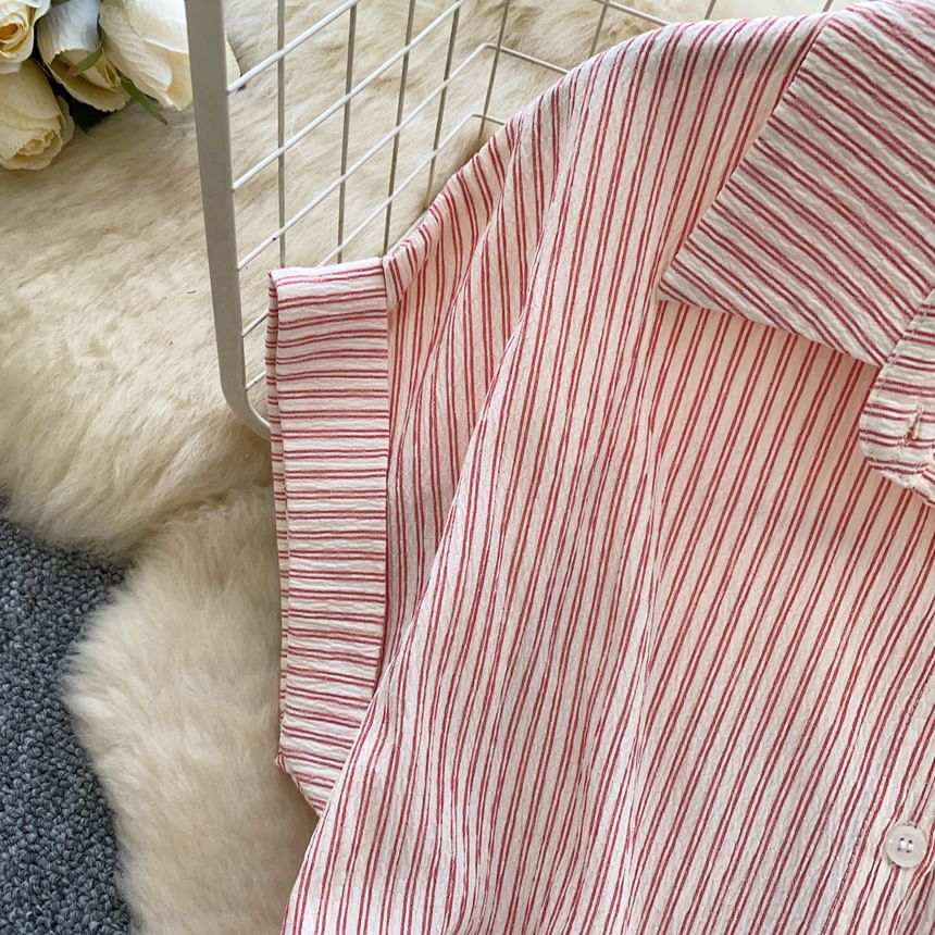 Striped Drawstring Collared Short Sleeve Button-Up Blouse