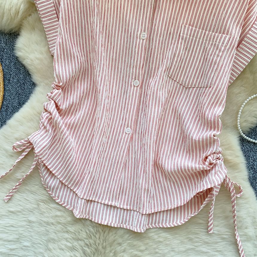 Striped Drawstring Collared Short Sleeve Button-Up Blouse