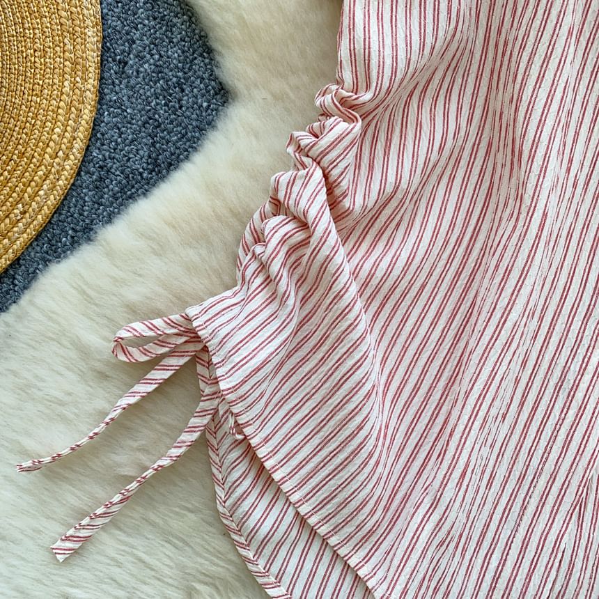 Striped Drawstring Collared Short Sleeve Button-Up Blouse