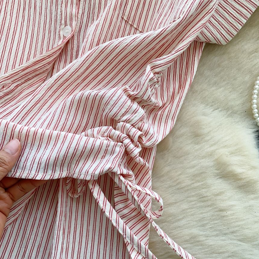 Striped Drawstring Collared Short Sleeve Button-Up Blouse