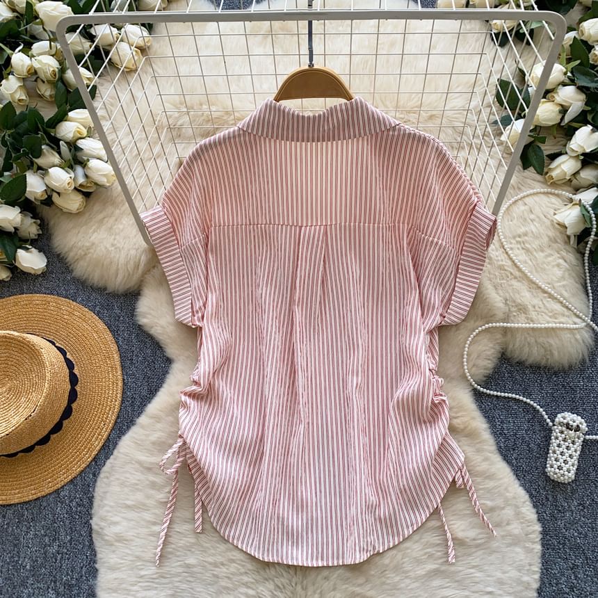 Striped Drawstring Collared Short Sleeve Button-Up Blouse