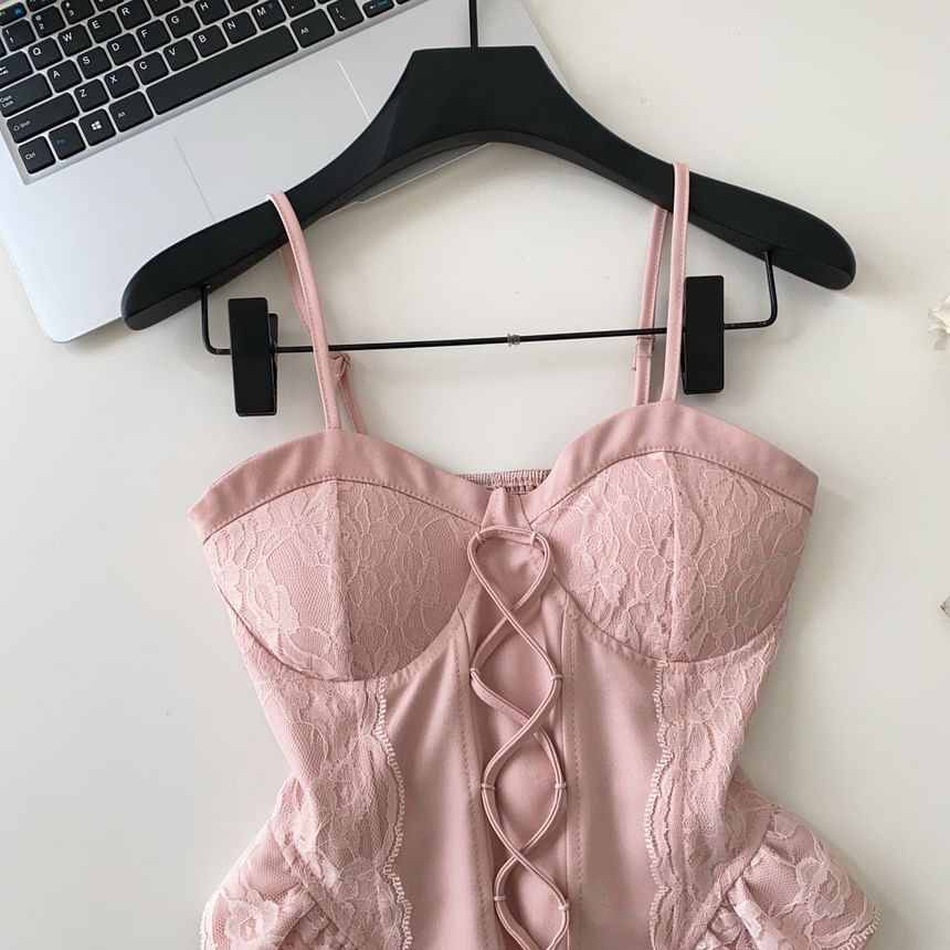 Ruffle Hem Lace Panel Lace-Up Crop Camisole