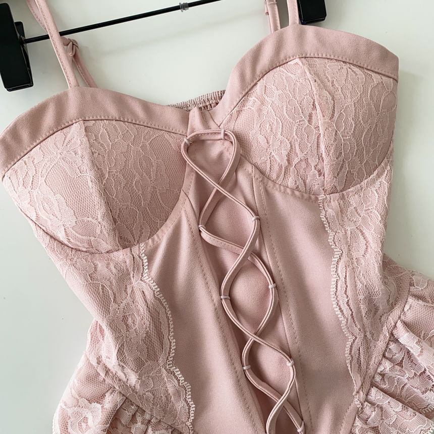 Ruffle Hem Lace Panel Lace-Up Crop Camisole
