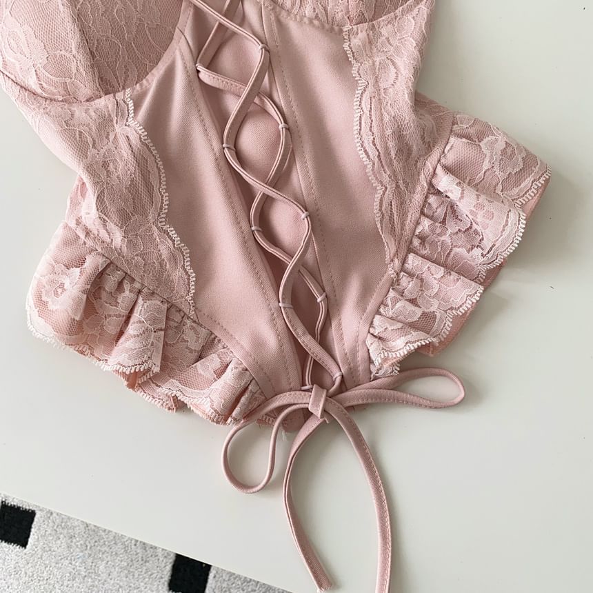 Ruffle Hem Lace Panel Lace-Up Crop Camisole